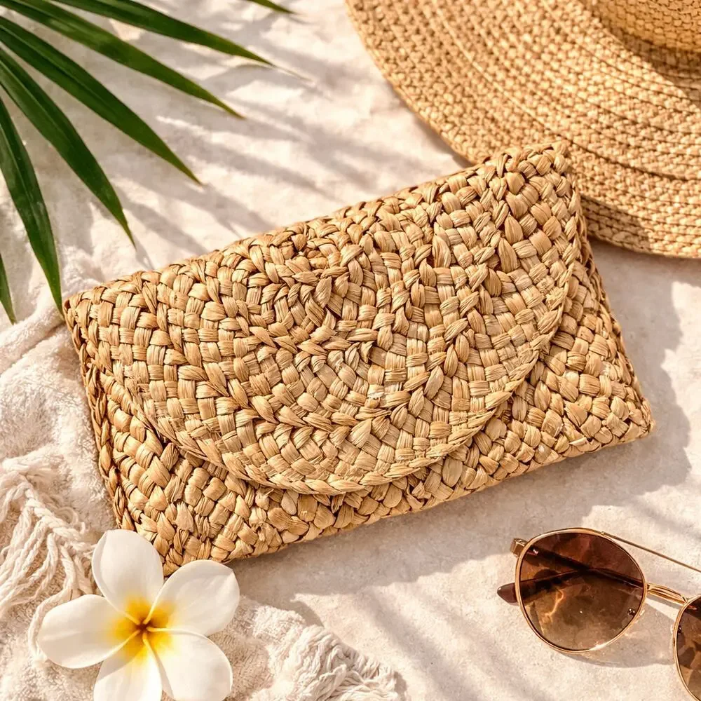 Straw Clutch Handwoven Purse Boho Coastal Beach Resort Woven Festival Bag